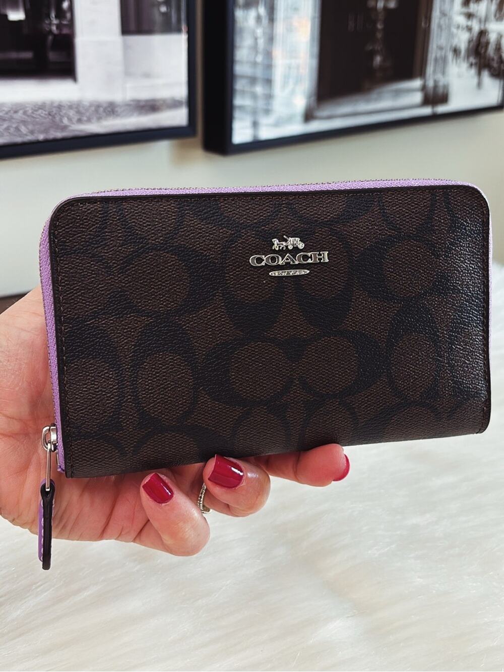 Coach Dark Brown Signature Zip Wallet with Lavender Trim